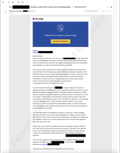 Screenshot of a DocuSign sweepstakes winner notification email with personal information and sponsor details redacted.