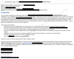 Screenshot of an official sweepstakes winner notification email with details redacted