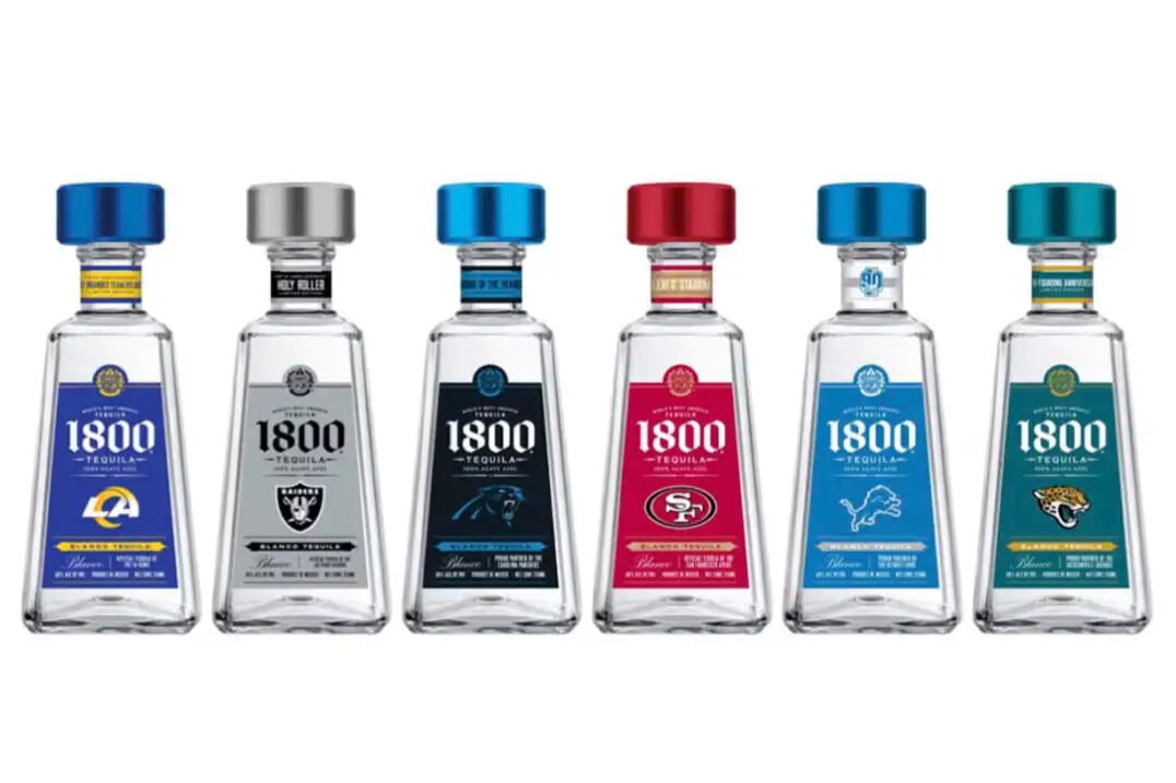 1800 Tequila x Football Sweepstakes prize image showing six 1800 tequila bottles with NFL team labels, promoting an NFL trip giveaway and $100 digital gift card prizes. 1800 Tequila football sweepstakes graphic featuring team-branded bottles and a chance to win an NFL game trip with travel included plus gift card winners.