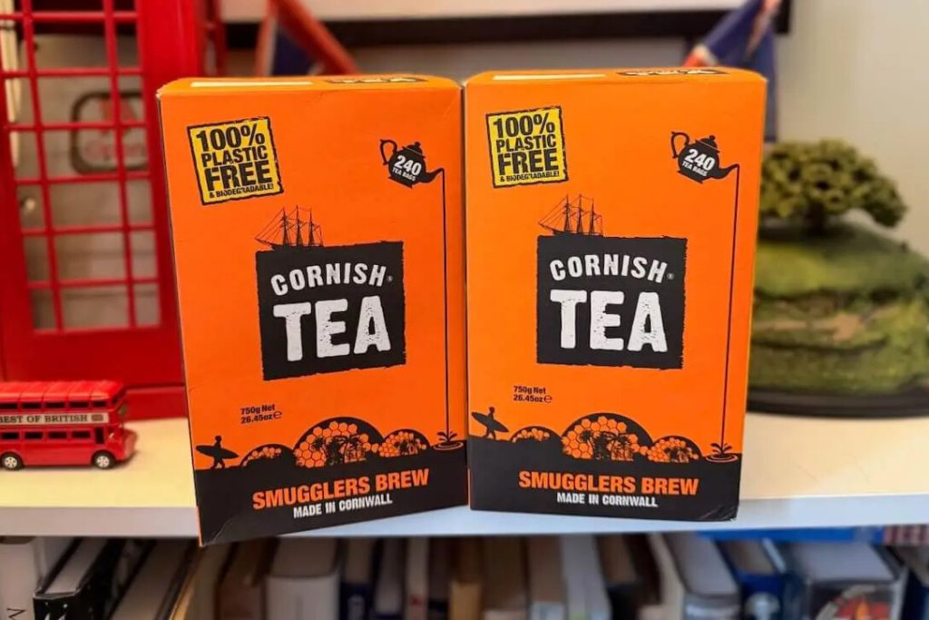 Two boxes of Cornish Smugglers Tea shown as the prize for the Cornish Smugglers Tea Sweepstakes, highlighting a year’s supply of traditional Cornish tea offered as a giveaway.
