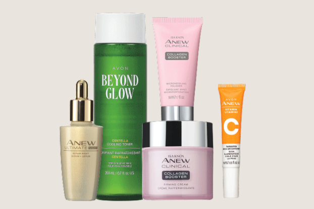 Avon Love at First Glam Sweepstakes prize image showing a curated collection of Avon skincare and makeup products, including Anew Ultimate Night Repair Serum, Beyond Glow Centella Cooling Toner, Isa Knox Anew Clinical Collagen Booster Cream, Vitamin C Brightener, and additional beauty items included in the Avon giveaway.
