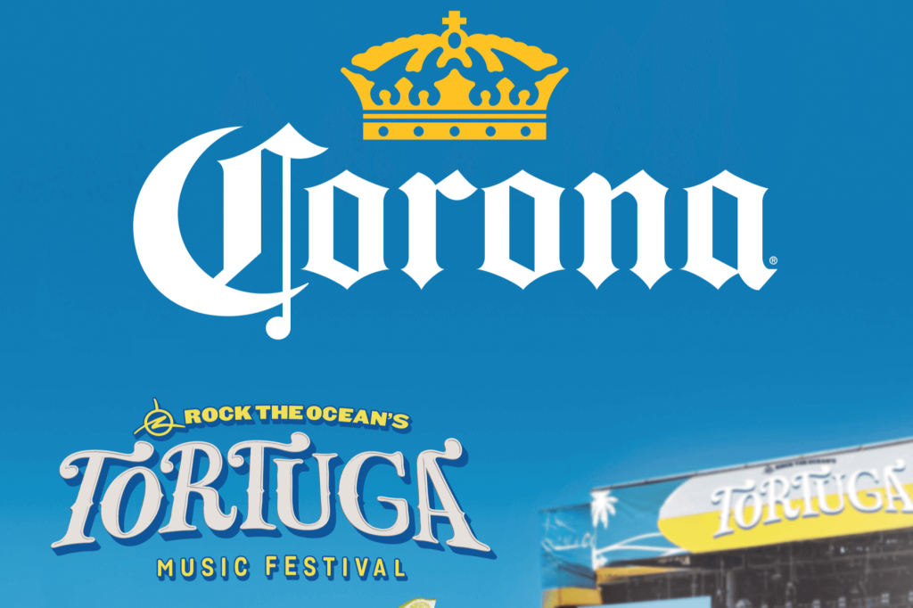 Image showing Corona branding alongside Rock the Ocean’s Tortuga Music Festival stage setup on Fort Lauderdale Beach, highlighting a Tortuga Music Festival sweepstakes prize featuring festival passes, hotel stay, and travel money.