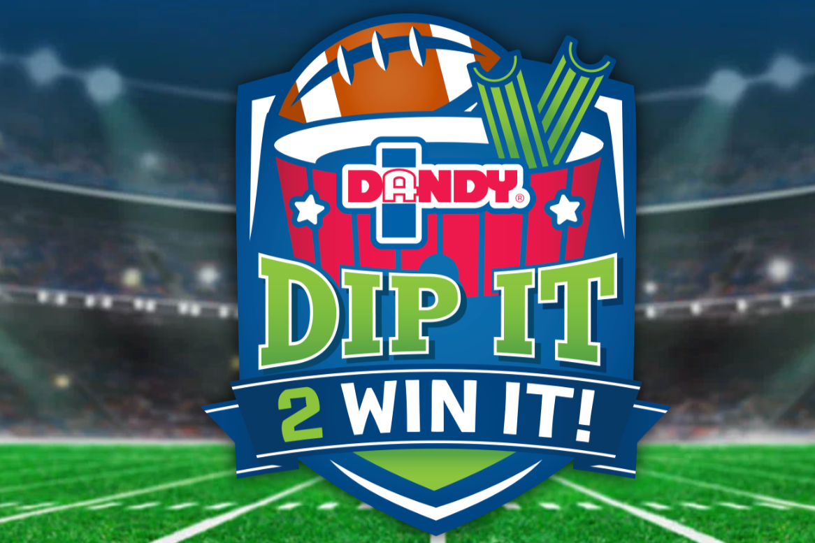 Dip It 2 Win It Sweepstakes prize image featuring Dandy Fresh Cut branding with a football stadium background promoting Visa gift cards and free product coupons. Graphic advertising the Dip It 2 Win It Sweepstakes with cash prizes and Dandy Fresh Cut food rewards for U.S. entrants.