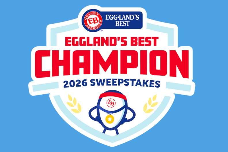Eggland’s Best Champion 2026 Sweepstakes logo featuring a shield design with “CHAMPION” in bold red letters and an Eggland’s Best character mascot. Eggland’s Best Champion 2026 sweepstakes graphic and contest branding image.