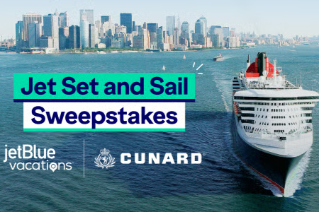 Jet Set and Sail Sweepstakes grand prize showing a luxury Cunard Queen Mary 2 transatlantic cruise trip for two with flights included. Cunard cruise giveaway with balcony stateroom, onboard perks, and JetBlue travel included as part of the prize package.