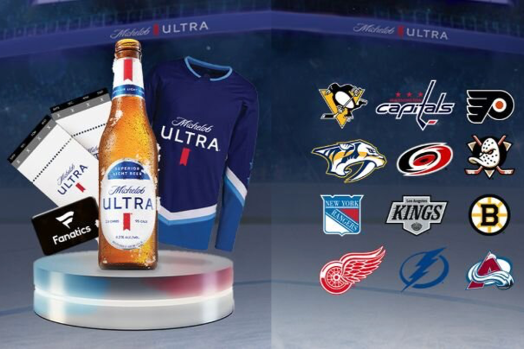 Michelob Ultra Superior Access NHL ’25–’26 Sweepstakes prize graphic showing a Michelob Ultra beer bottle on a display stand with a Fanatics gift card and a blue Michelob Ultra hockey jersey, alongside multiple NHL team logos, promoting a chance to win NHL tickets or a $200 Fanatics e-gift code for an NHL jersey.