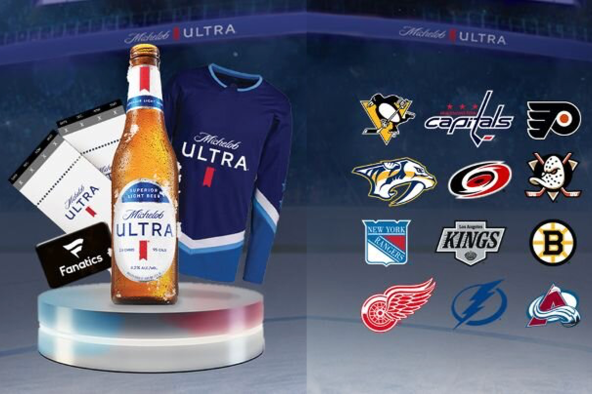 Michelob Ultra Superior Access NHL ’25–’26 Sweepstakes prize graphic showing a Michelob Ultra beer bottle on a display stand with a Fanatics gift card and a blue Michelob Ultra hockey jersey, alongside multiple NHL team logos, promoting a chance to win NHL tickets or a $200 Fanatics e-gift code for an NHL jersey.