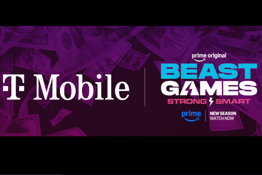 T-Mobile Beast Games sweepstakes promo image with a money-filled background and the T-Mobile logo beside the Prime Original Beast Games Strong Smart branding, representing a $100,000 giveaway and MrBeast set visit prize.