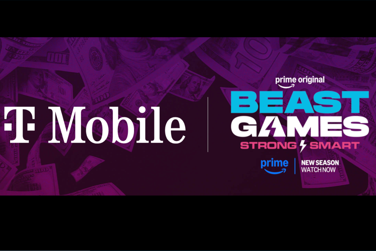 T-Mobile Beast Games sweepstakes promo image with a money-filled background and the T-Mobile logo beside the Prime Original Beast Games Strong Smart branding, representing a $100,000 giveaway and MrBeast set visit prize.