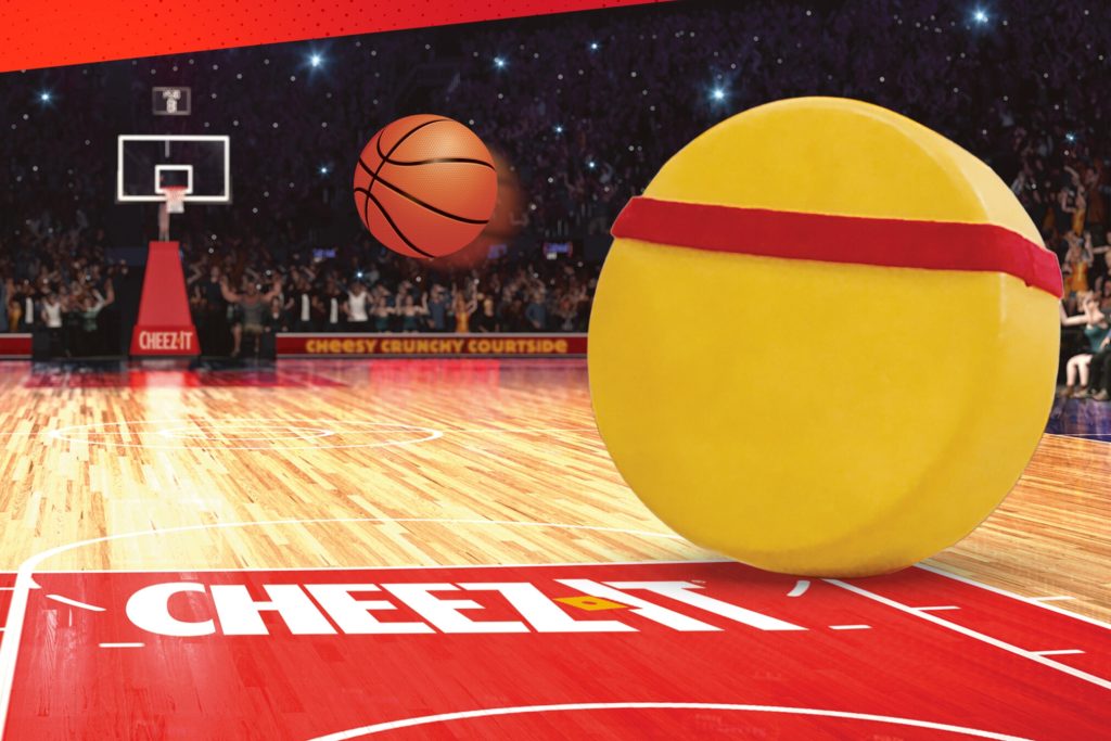 Cheez-It Courtside Sweepstakes prize image featuring a basketball court scene with a giant Cheez-It ball and hoop, promoting the Cheez-It Courtside Sweepstakes with $4,000 cash and custom basketball jersey prizes, a fun courtside giveaway and sweepstakes to win Cheez-It courtside rewards.