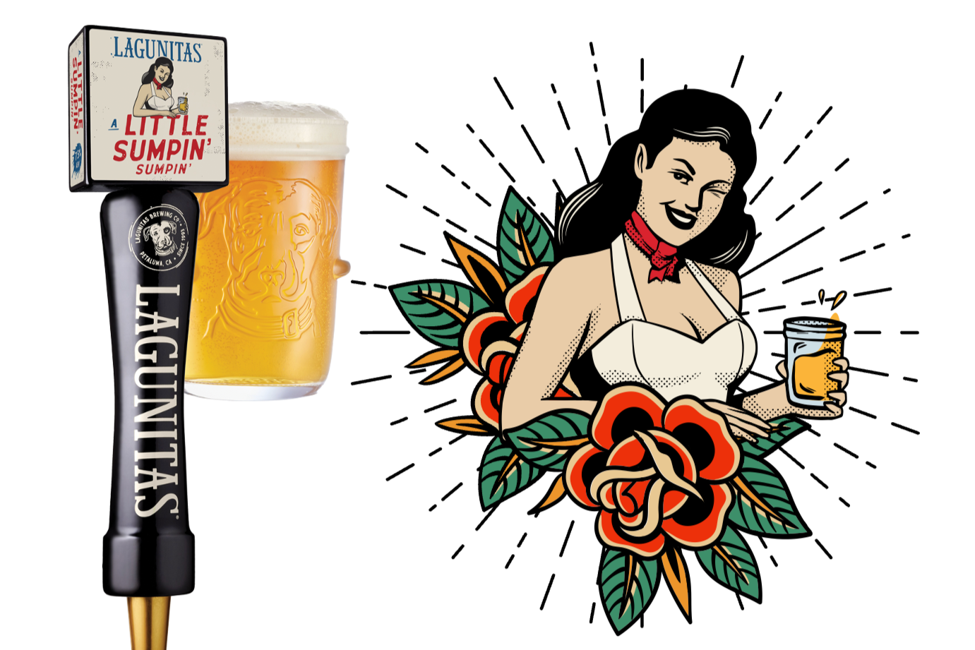 Lagunitas Little Sumpin’ Tattoo Sesh Sweepstakes prize image showing a Lagunitas beer tap handle and a frosty pint of beer next to a vintage tattoo-style woman holding a drink, highlighting the Lagunitas giveaway with $500 gift card prizes and branded bandana and temporary tattoo kit rewards.
