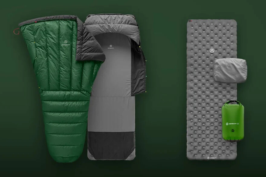 Green and gray Zenbivy Light Bed sleep system prize bundle with a 10°F quilt and sheet, rectangular Flex Air Mattress, pillow pieces, and a dry sack. Camping sleep system giveaway prize featuring a backpacking quilt, sleeping pad, and pillow kit from Zenbivy.