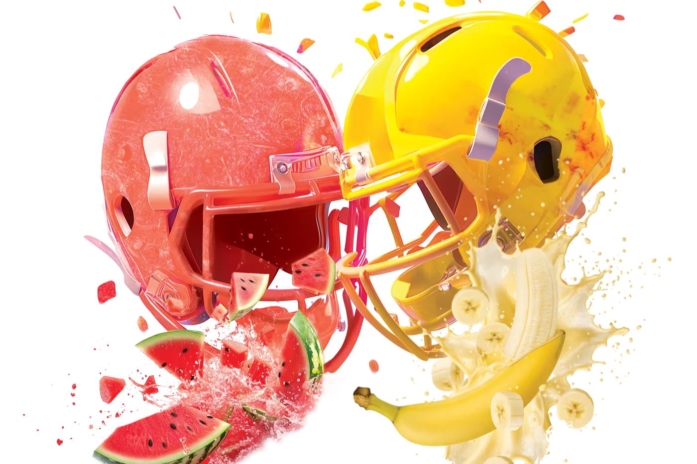 Two football helmets colliding, one red with watermelon splash and one yellow with banana splash, representing the 99 Brand Football Promotion instant win game and sweepstakes giveaway with swag bag prizes and a $999 check grand prize.