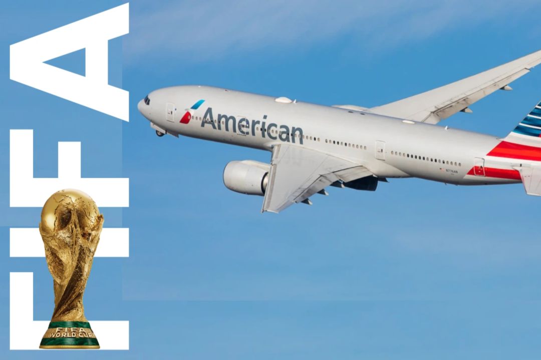 American Airlines FIFA World Cup 26 Opening Match sweepstakes prize showing international flight travel and the FIFA World Cup trophy, highlighting a trip for two to Mexico City with flights, hotel, tickets, and spending money.