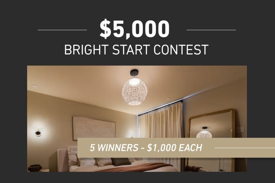 Banner image for the $5,000 Bright Start Contest showing a cozy bedroom with modern ceiling and wall lighting, promoting five winners receiving $1,000 each; Artika gift card contest graphic highlighting a $5,000 total prize and five $1,000 prizes, a clean sweepstakes-style promo image for an Artika $1,000 gift card giveaway.