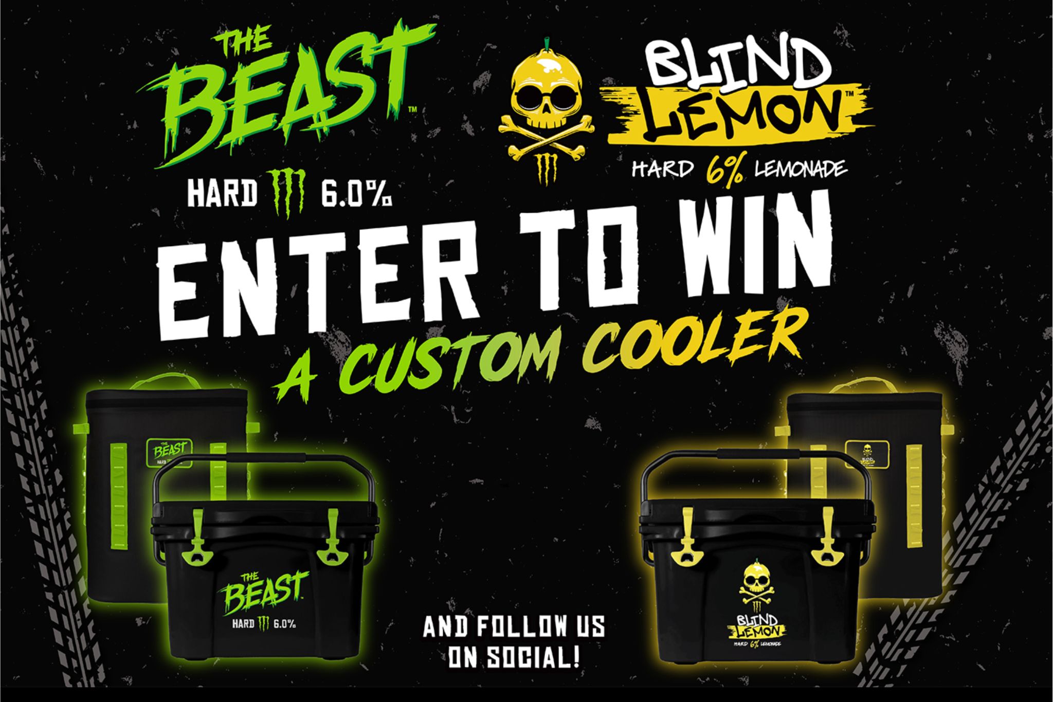 Promotional graphic for The Beast Supercross Cooler 2026 Sweepstakes showing “Enter to Win a Custom Cooler” with The Beast and Blind Lemon branding, featuring a Beast hard cooler and a Blind Lemon hard cooler with matching soft coolers behind them. The image highlights a custom branded cooler giveaway with two prize styles, emphasizing the hard cooler and soft cooler prizes for The Beast and Blind Lemon sweepstakes promotion.