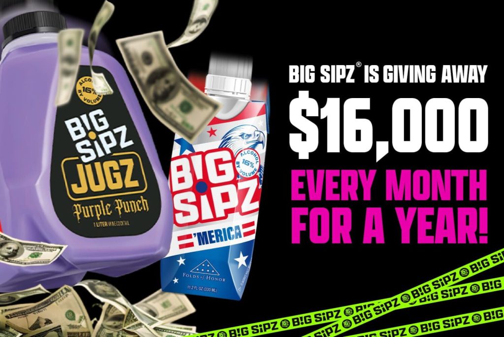 Promotional image for the Big Sipz $16k Giveaway showing a Big Sipz Jugz Purple Punch bottle and a Big Sipz carton with cash flying across a black background, announcing $16,000 every month for a year, a monthly cash sweepstakes giveaway with Big Sipz branding and money graphics emphasizing the $16,000 prize.