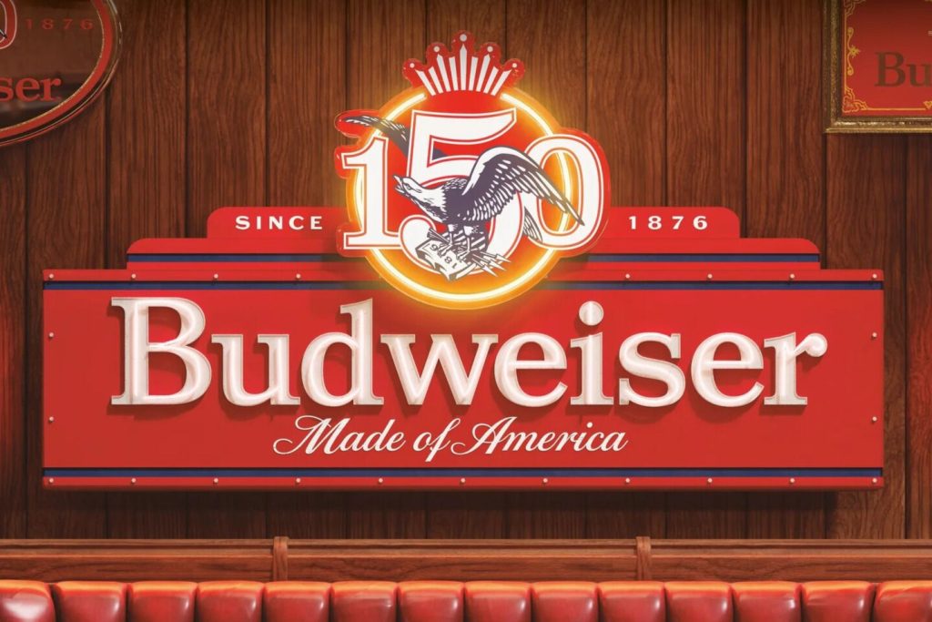 Budweiser 150 Sweepstakes promotional image featuring a large Budweiser 150 sign with the Budweiser logo and since 1876 text on a wood wall background, highlighting the Budweiser 150 VIP St. Louis trip sweepstakes and Budweiser 150 Celebration prize. The image showcases the Budweiser 150 branding and anniversary theme, representing a chance to win a St. Louis trip for two and Budweiser 150 merchandise prizes.