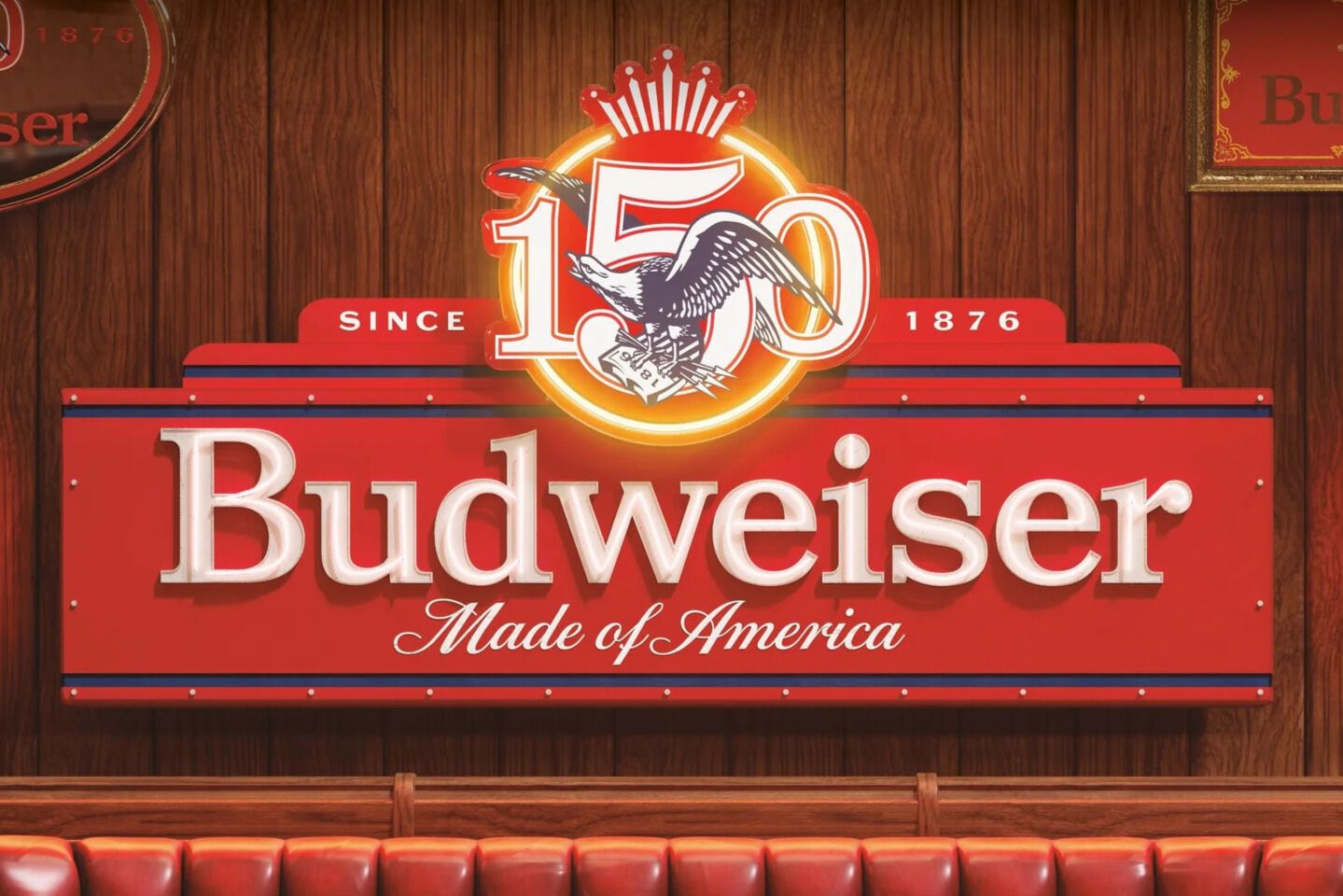 Budweiser 150 Sweepstakes promotional image featuring a large Budweiser 150 sign with the Budweiser logo and since 1876 text on a wood wall background, highlighting the Budweiser 150 VIP St. Louis trip sweepstakes and Budweiser 150 Celebration prize. The image showcases the Budweiser 150 branding and anniversary theme, representing a chance to win a St. Louis trip for two and Budweiser 150 merchandise prizes.