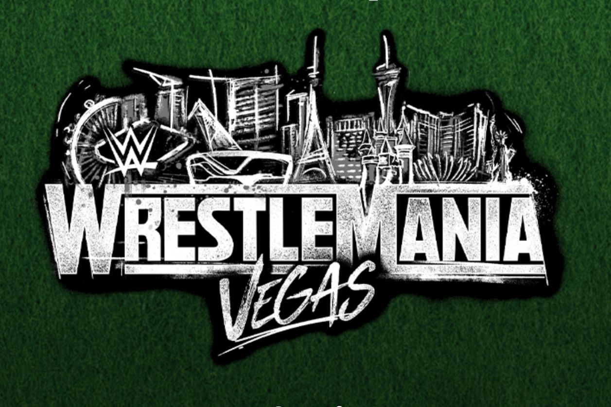 A WrestleMania Vegas promotional graphic shows the WWE WrestleMania logo in bold white lettering over a green turf background with a sketched Las Vegas skyline, including iconic city landmarks. The image highlights a WrestleMania flyaway sweepstakes theme for Las Vegas, emphasizing the WrestleMania Vegas event branding and WWE trip giveaway concept. This WrestleMania Vegas sweepstakes image focuses on the WrestleMania logo and Las Vegas destination, signaling a trip prize to attend WrestleMania in Las Vegas.