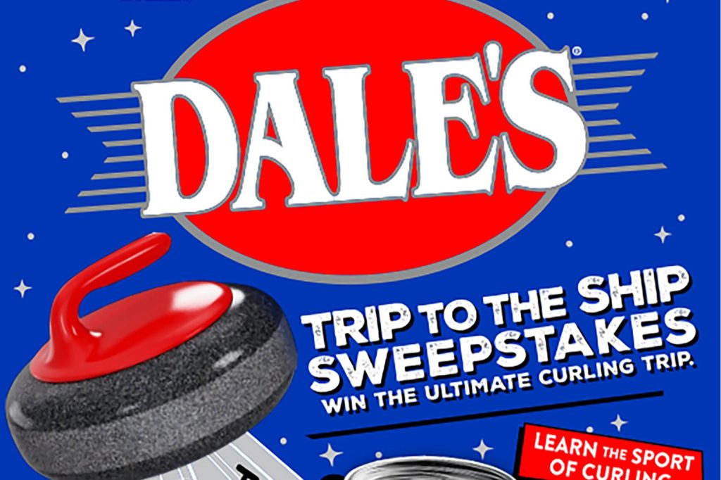 Dale’s Pale Ale Trip to the Ship Sweepstakes graphic showing a curling stone in the foreground with the Dale’s logo and bold text promoting a curling trip giveaway, a blue starry background, and “Trip to the Ship Sweepstakes” messaging for an ultimate curling trip prize.