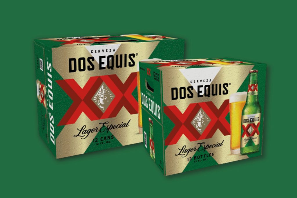 Dos Equis Lager Especial 2026 Beer for a Year sweepstakes image showing two green Dos Equis XX 12-pack cases, one for cans and one for bottles, highlighting the Dos Equis brand and the Beer for a Year giveaway prize. The product packaging photo focuses on Dos Equis XX beer cases and the sweepstakes theme of winning beer money for a year, emphasizing the prize as gift cards for Dos Equis purchases and a year-long promotion.
