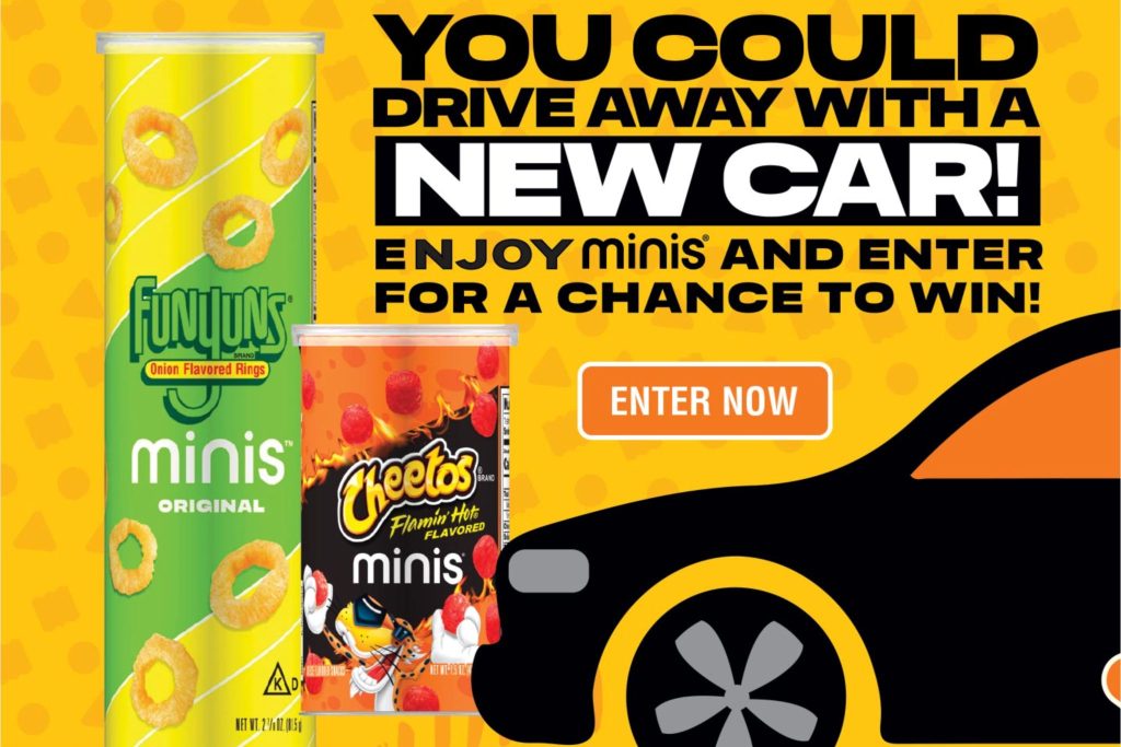 Bright yellow Frito-Lay Minis sweepstakes graphic featuring Funyuns Minis and Cheetos Flamin’ Hot Minis cans with the headline “You could drive away with a new car” and an Enter Now button, promoting the 2026 Frito-Lay Minis Sweepstakes to win a new car. Promotional image for a Frito-Lay Minis giveaway showing snack minis packaging, a car silhouette, and bold text about winning a new car, highlighting the Minis sweepstakes entry call-to-action.