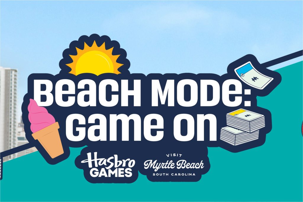Beach Mode Game On sweepstakes graphic promoting the 2026 Visit Myrtle Beach and Hasbro Games giveaway with a sunny beach theme, ice cream cone, and cash stacks, highlighting a Myrtle Beach family trip prize. Beach vacation sweepstakes creative featuring Myrtle Beach, South Carolina branding and Hasbro Games partnership, with playful summer imagery and money icons. Myrtle Beach trip giveaway artwork with bold “Beach Mode Game On” headline, sun illustration, and prize-themed visuals for a family getaway sweepstakes.