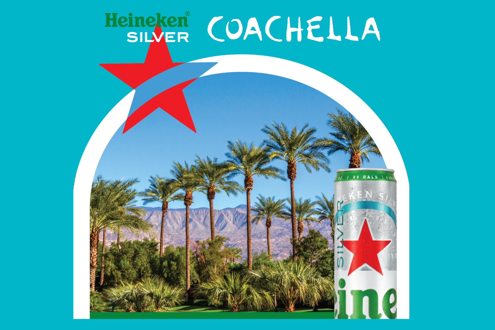 Heineken Silver Coachella sweepstakes graphic showing palm trees and desert mountains with a Heineken Silver can, highlighting a Coachella 2027 VIP trip prize for three with flights, hotel, and festival tickets included. The image promotes a Heineken Coachella sweepstakes to win VIP Coachella tickets plus travel, a hotel stay, and added perks like a travel stipend and Uber gift card, featuring classic Coachella desert scenery.