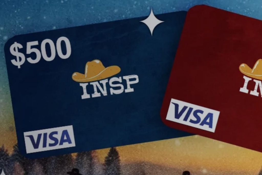 Close-up image showing two INSP-branded Visa gift cards on a snowy winter background, with one card labeled $500 and another visible beside it; INSP Stash of Cash Week Sweepstakes prize graphic featuring a $500 Visa gift card grand prize and weekly Visa gift card giveaway rewards.