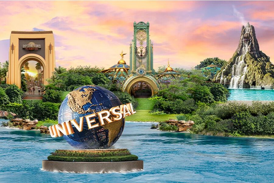 Universal Orlando Resort sweepstakes image featuring the iconic Universal globe fountain with park entrances, volcano and water scenery, promoting a JetBlue Vacations giveaway for a Universal Orlando vacation package including flights, hotel stay, and multi-park theme park tickets.