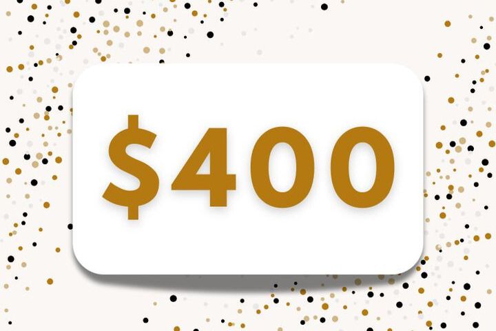 Large gold $400 amount graphic on a white card with confetti dots, representing a $400 prize for the Just A Pinch Fresh Start Sweepstakes. $400 sweepstakes prize image for a Just A Pinch giveaway, showing a cash-style reward amount. Promotional sweepstakes graphic featuring $400 prize value, ideal for a Fresh Start Sweepstakes entry page and giveaway listing.