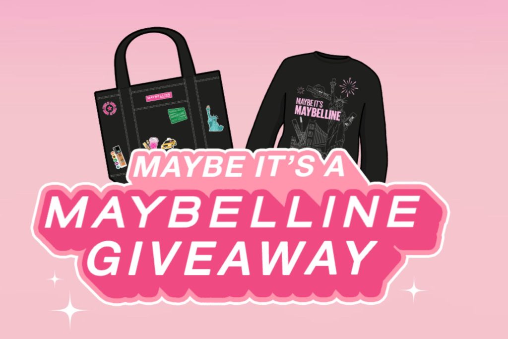 Pink “Maybe It’s a Maybelline Giveaway” promo image showing a Maybelline tote bag and black sweatshirt prize, promoting the Maybe It’s a Maybelline Sweepstakes 2026 with Maybelline New York product giveaway messaging. Maybelline sweepstakes graphic with bold “Maybe It’s a Maybelline Giveaway” text on a pink background, featuring branded tote bag and sweatshirt visuals for an online giveaway. Maybelline New York promotions image highlighting the Maybe It’s a Maybelline Sweepstakes and a Maybelline giveaway prize theme with merch and beauty sweepstakes branding.