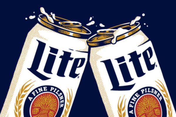 Two Miller Lite beer cans clinking with a splash of foam on a dark blue background, representing a Miller Lite and Coors Light Gas for a Year Sweepstakes prize promo. The image shows celebratory Miller Lite cans to match a gas money giveaway, highlighting a $4,800 prepaid card “Gas for a Year” sweepstakes vibe with daily entry.