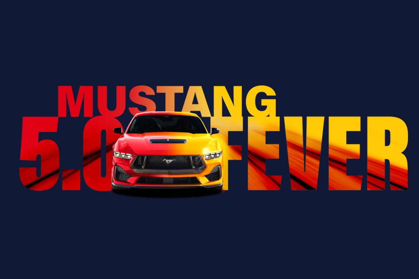 A dark blue sweepstakes image shows bold red-and-gold “Mustang 5.0 Fever” lettering with a front-facing red and yellow Ford Mustang centered across the text, promoting the 2026 Mustang 5.0 Fever Sweepstakes grand prize featuring a 2026 Ford Mustang GT and Ford Racing Parts. The graphic highlights a Mustang car sweepstakes and Ford Mustang giveaway theme with a performance look, emphasizing the Mustang 5.0 Fever sweepstakes prize and Ford Mustang GT grand prize.