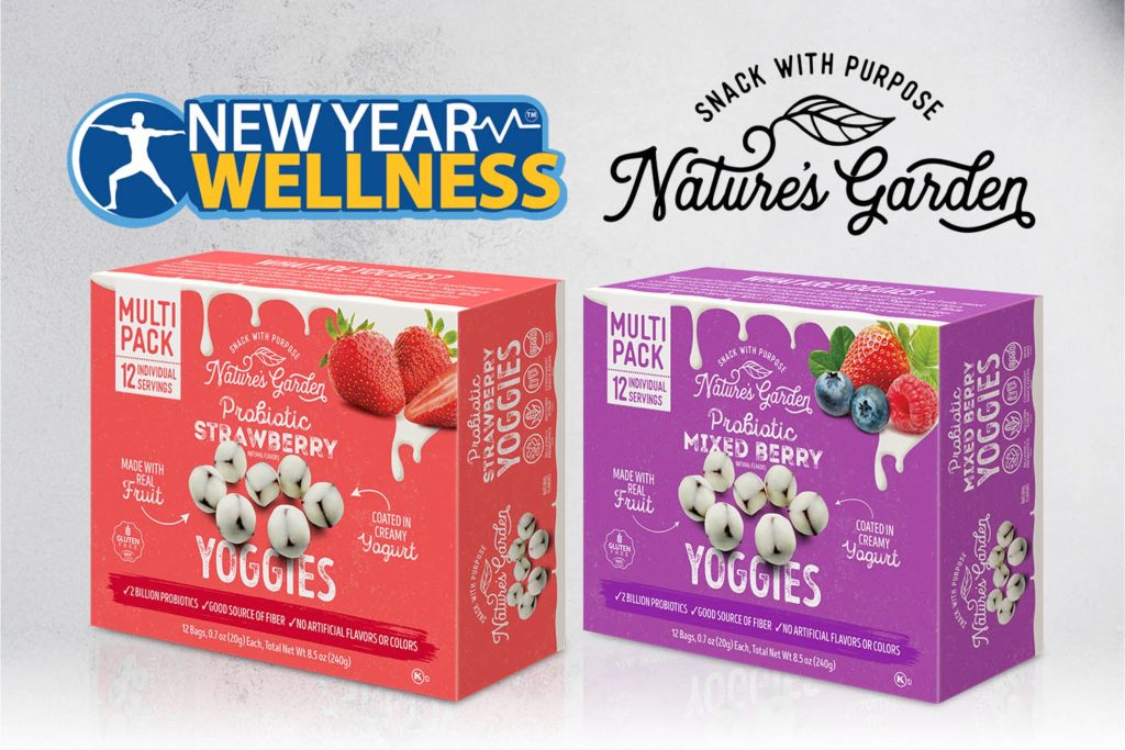 New Year Wellness and Nature’s Garden promo image showing probiotic yogurt-covered fruit snacks, including Strawberry Yoggies and Mixed Berry Yoggies multi-pack boxes, highlighting the New Year Wellness 2026 sweepstakes prize partner branding. Nature’s Garden Yoggies snack packaging photo with New Year Wellness logo above two probiotic yogurt snack boxes, strawberry and mixed berry flavors, on a light gray background. New Year Wellness sweepstakes creative featuring Nature’s Garden Yoggies multi-pack boxes with fruit images and “Snack With Purpose” branding, promoting a wellness-themed giveaway.