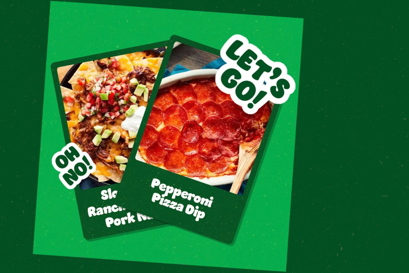 Green Hidden Valley Ranch Serve It or Skip It sweepstakes game screen showing two recipe cards with a pepperoni pizza dip and a loaded ranch-style nacho dip, promoting daily play and instant win prizes.