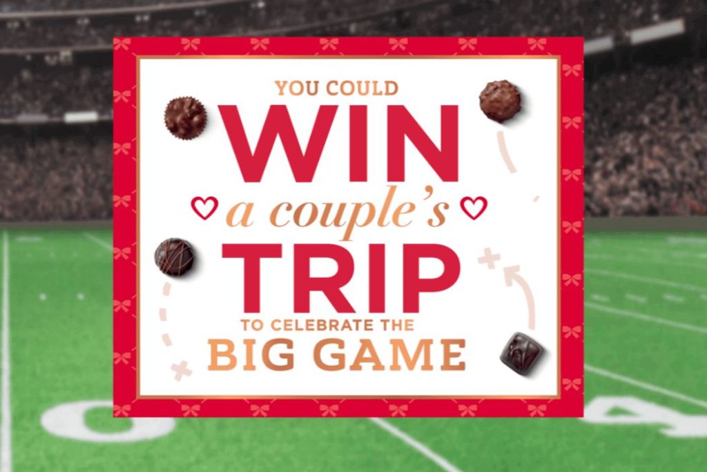 Russell Stover Tackle Valentine’s Day sweepstakes graphic that says you could win a couple’s trip to celebrate the Big Game, set over a football stadium background with chocolates around the border. Big Game trip sweepstakes image showing a Valentine’s themed Russell Stover giveaway for a couples trip, Big Game weekend travel prize, and football stadium trip promotion. Russell Stover Big Game couples trip giveaway art with chocolate candies, Valentine’s styling, and a trip prize message for the 2026 sweepstakes.