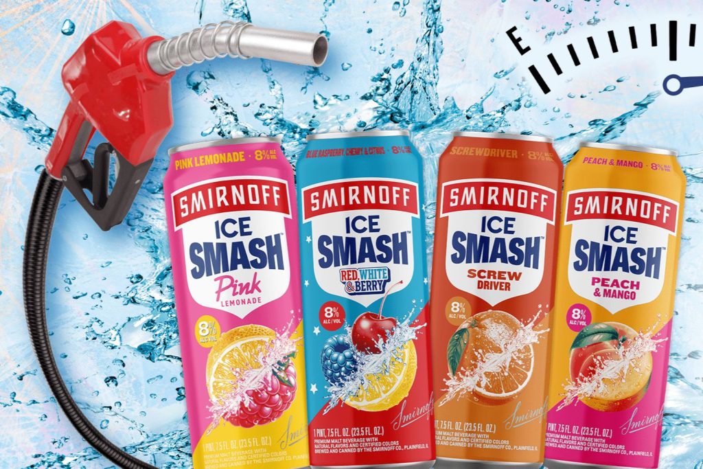 Four Smirnoff Ice Smash cans in bright pink, blue, orange, and yellow packaging displayed next to a red gas pump nozzle, promoting a $1,000 gas gift card sweepstakes. The image highlights the Smirnoff Ice Smash Sweepstakes featuring fuel-themed prizes and gas e-gift card rewards. Promotional image showcasing Smirnoff Ice Smash cans and a fuel gauge graphic to represent the gas gift card grand prize.