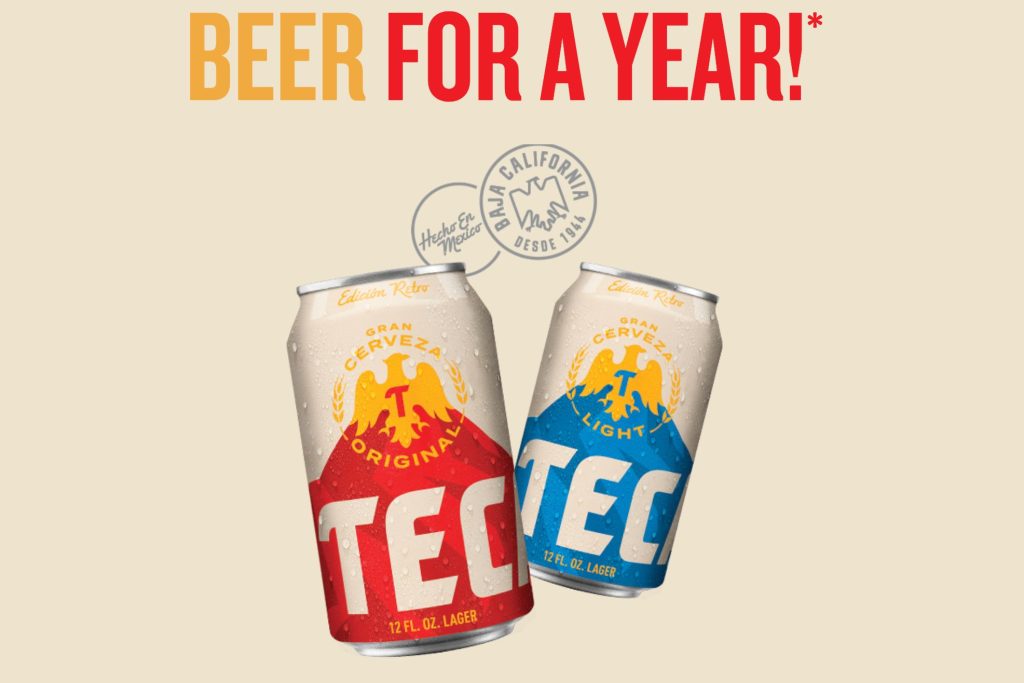 Promotional image for the Tecate Beer for a Year 2026 Sweepstakes showing two cold Tecate cans, Tecate Original and Tecate Light, under a big “Beer for a Year” headline; Tecate beer giveaway graphic featuring the red and blue Tecate cans and the beer for a year sweepstakes theme, highlighting the Tecate Beer for a Year promotion and prize.