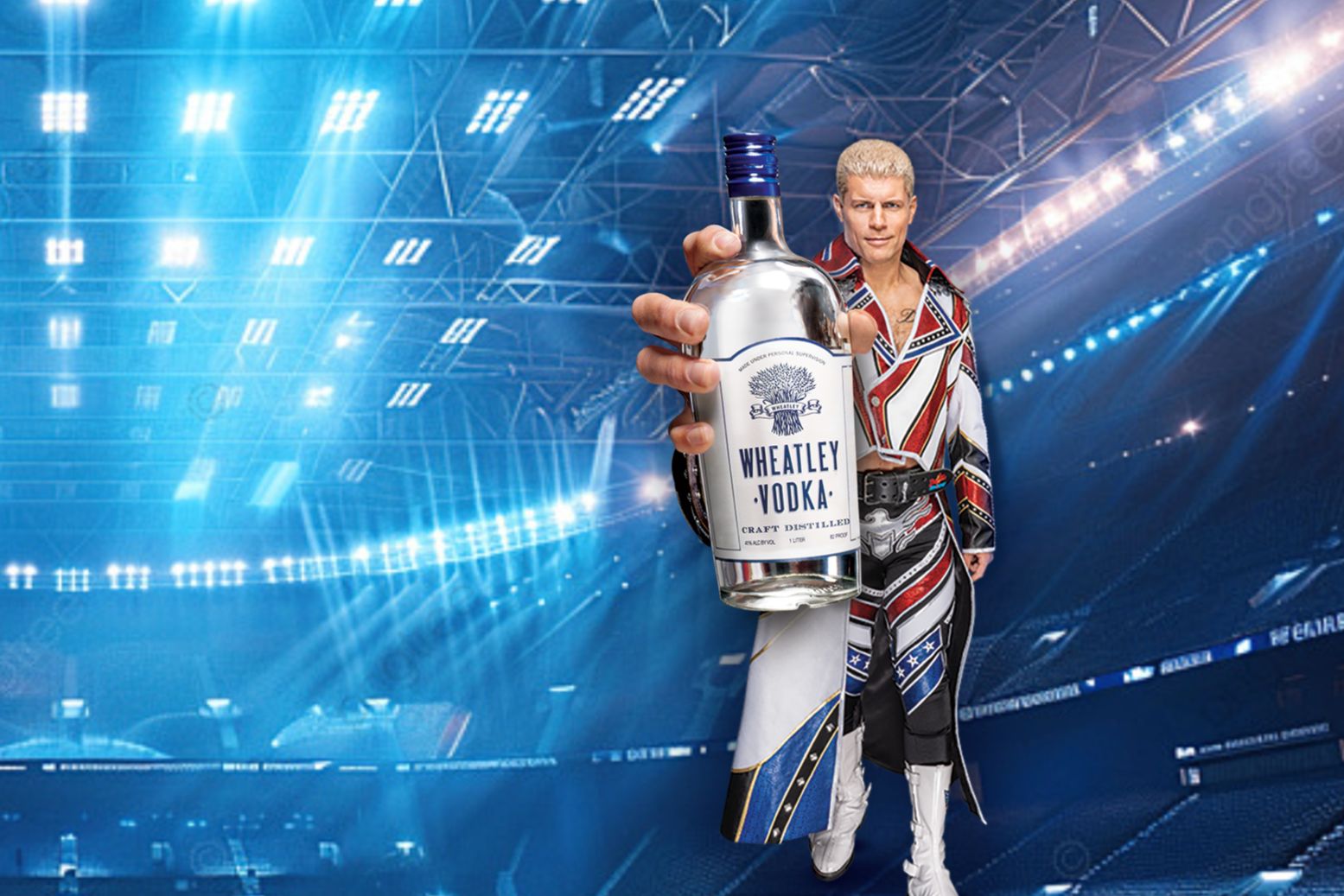 A pro wrestler holds a large Wheatley Vodka bottle toward the camera inside a bright arena, promoting the Wheatley Vodka Professional Wrestling Sweepstakes to win a WrestleMania 42 trip for two or regional WWE event tickets, a wrestling fan giveaway featuring the WrestleMania trip grand prize and WWE tickets as prizes.