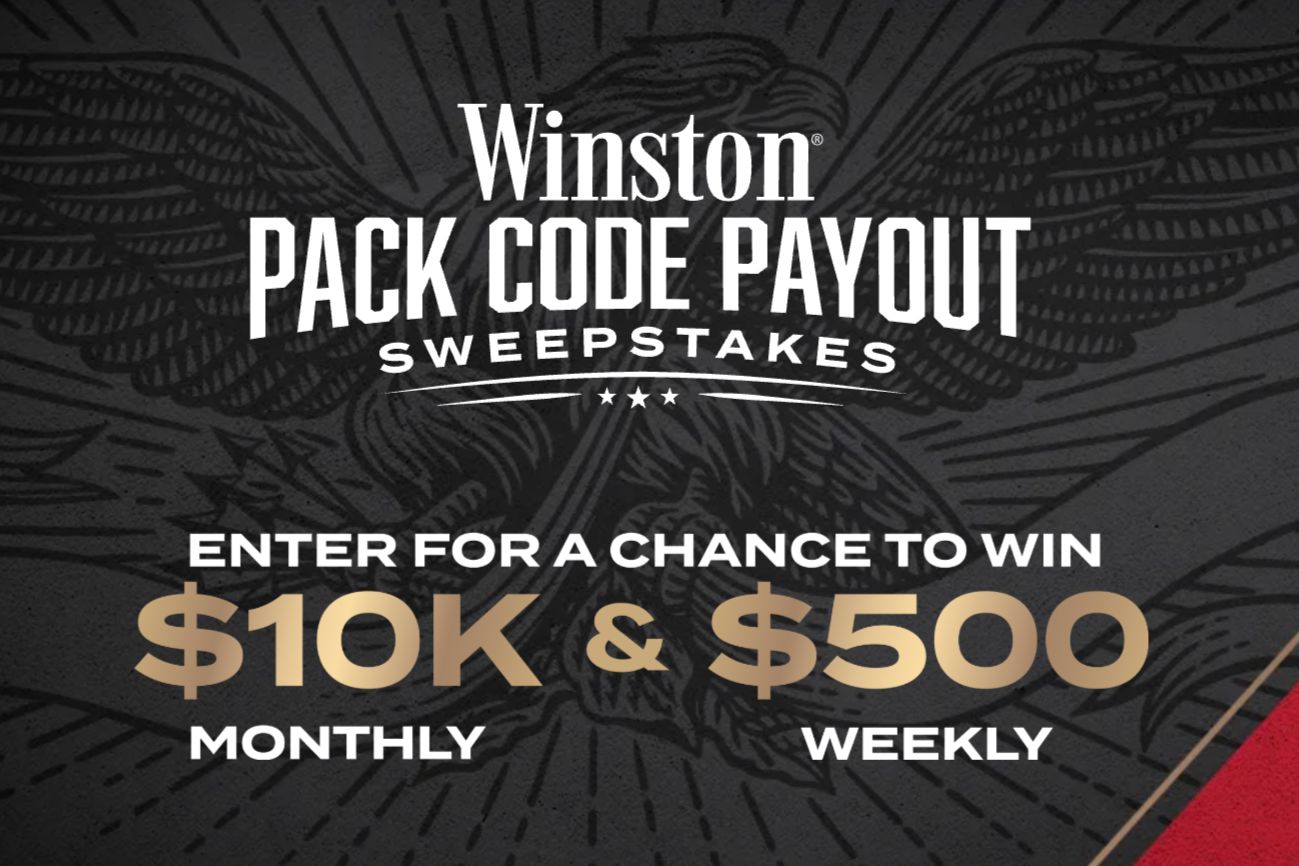 Winston Pack Code Payout Sweepstakes promotional image with “Winston Pack Code Payout Sweepstakes” text and large prize amounts showing “$10K monthly” and “$500 weekly” on a dark background. Winston sweepstakes giveaway graphic promoting monthly $10,000 cash prizes and weekly $500 prepaid card prizes, a pack code entry contest with weekly and monthly drawings.