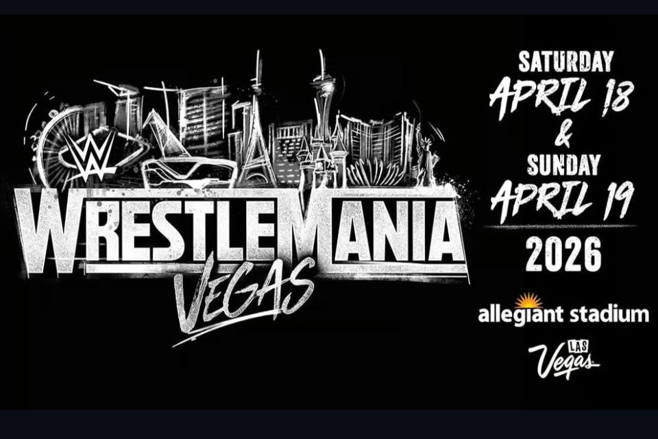 Promotional image for the WWE WrestleMania 42 Sweepstakes showing WrestleMania Vegas branding with event dates April 18 and April 19, 2026 at Allegiant Stadium. The image highlights the WrestleMania 42 Las Vegas event, WWE branding, and the chance to win WrestleMania tickets through the Zenni sweepstakes.