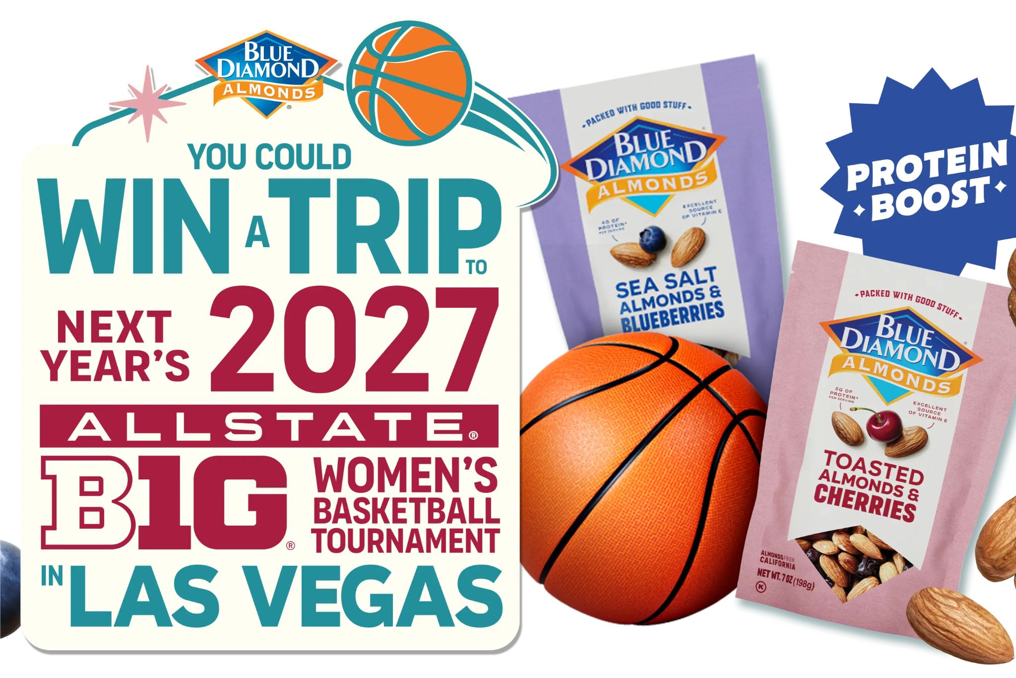 Promotional graphic for the Blue Diamond Winter Basketball Sweepstakes showing “Win a trip to next year’s 2027 Allstate Big Ten Women’s Basketball Tournament in Las Vegas,” with a basketball, Blue Diamond almonds snack bags, and a “protein boost” badge. Blue Diamond almonds basketball giveaway image featuring a Las Vegas trip prize and 2027 women’s tournament tickets, plus travel and hotel prize visuals.