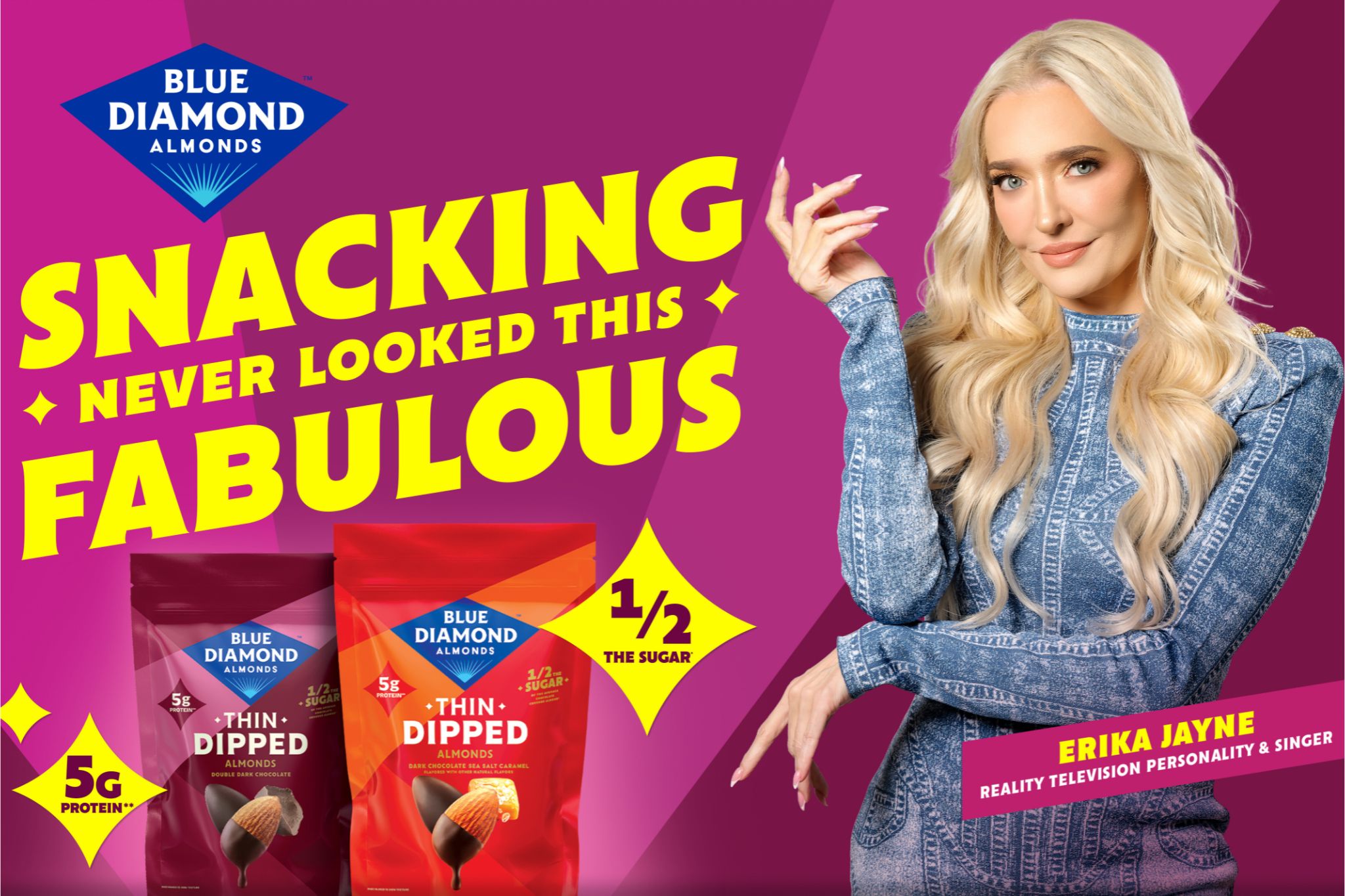 Bright magenta Blue Diamond Almonds sweepstakes ad that says “Snacking Never Looked This Fabulous” with Thin Dipped almond snack bags, callouts for 5g protein and half the sugar, and a glamorous blonde woman posing beside the products. Promotional image for the Blue Diamond New Year New You Sweepstakes featuring Thin Dipped almonds, bold yellow headline text, and product packaging shown prominently. Eye-catching sweepstakes creative highlighting Blue Diamond Almonds Thin Dipped snacks, nutrition callouts, and a fashion-forward, glam look that matches the “fabulous” theme.