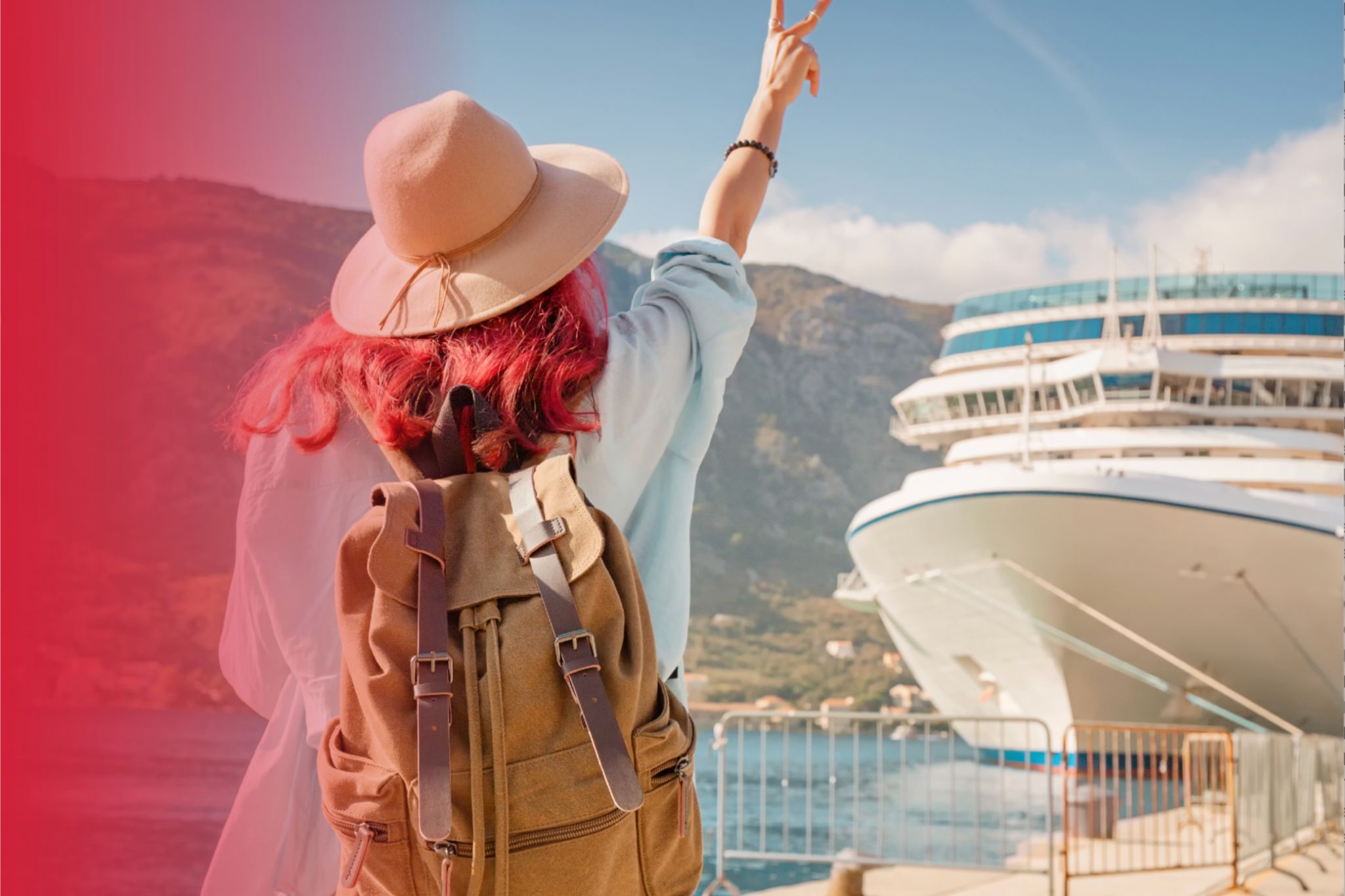 A traveler with a backpack and sun hat waves toward a large cruise ship docked near scenic mountains, representing the Canyon Bakehouse Sail Away Sweepstakes grand prize cruise package. The image shows a woman standing by the waterfront as a massive cruise ship sits in port, symbolizing a $7,000 cruise getaway with flights, hotel credit, and cruise certificate. A bright, travel-inspired scene of a cruise ship and excited traveler captures the excitement of winning a cruise prize package in this Canyon Bakehouse Sweepstakes.