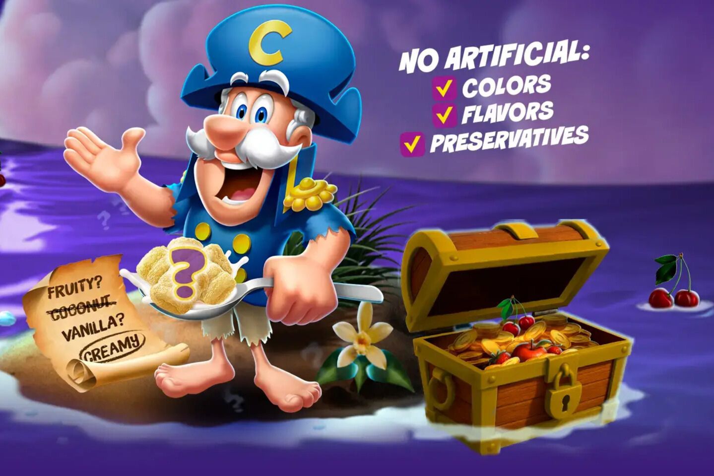 Cap’n Crunch Mystery Crunch Guess the Flavor Sweepstakes image showing the Cap’n in a purple seaside scene holding a spoon of Mystery Crunch while a treasure chest overflows with prizes. Cap’n Crunch sweepstakes giveaway artwork that highlights the Mystery Crunch flavor guess game and the chance to win prize rewards like gift cards and gear. Colorful promo graphic for the Cap’n Crunch Mystery Crunch Guess the Flavor Sweepstakes, featuring a prize chest theme that represents winning items like a $500 Airbnb gift card, speakers, chairs, and a Yeti Rambler.