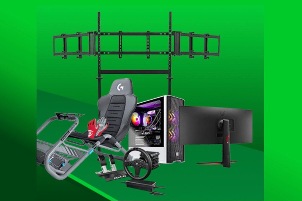 A complete sim racing gaming setup featuring a Skytech Blaze 3.0 Gaming PC with RGB lighting, LG 34-inch curved gaming monitor, Fanatec steering wheel and CSL pedals, Playseat Trophy racing cockpit and seat, triple monitor stand, and racing gloves. This high-end gaming prize bundle includes a powerful PC tower, immersive curved display, professional racing wheel and pedal system, and full cockpit frame designed for serious sim racing. The Castrol Gaming Giveaway grand prize showcases a full racing simulator setup with premium PC gaming hardware and racing accessories.