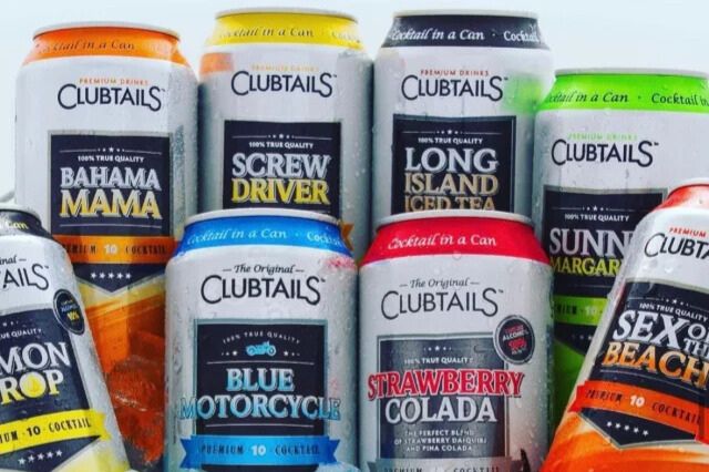 A lineup of colorful Clubtails canned cocktails including Bahama Mama, Screw Driver, Long Island Iced Tea, Blue Motorcycle, Strawberry Colada, Sunny Margarita, and Sex on the Beach displayed side by side. The image shows multiple ready to drink cocktail flavors in cans promoting the Clubtails Cocktails Hype Your Goals Sweepstakes with a $1,000 gift card prize. A variety of premium Clubtails cocktail in a can flavors are featured as part of the sweepstakes promotion.