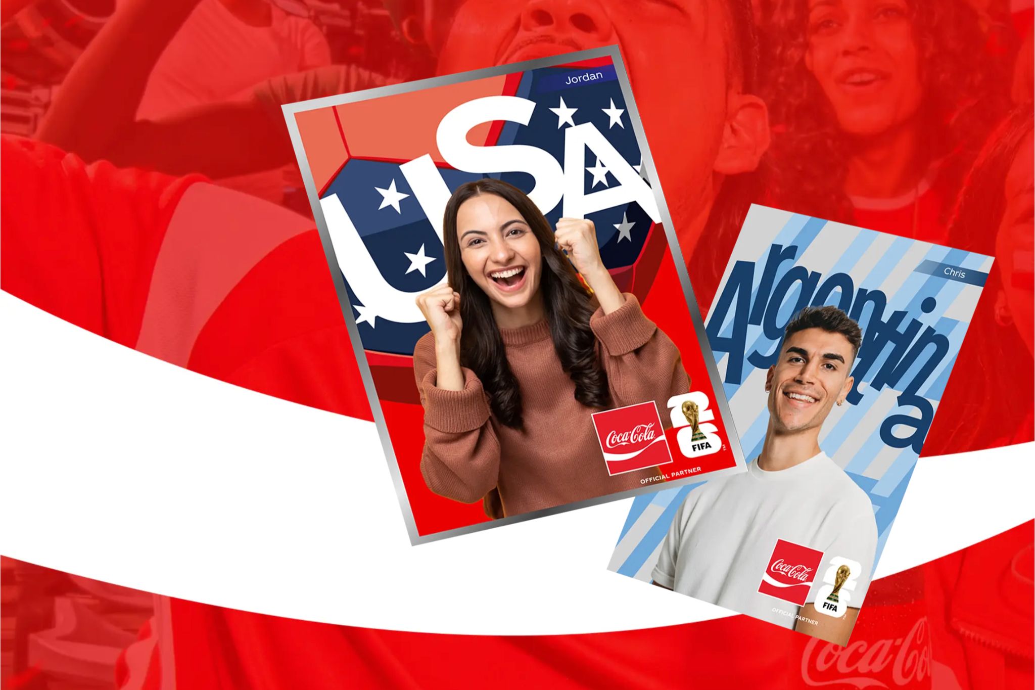 Coca-Cola Most Valuable Fan FIFA World Cup 26 promotion graphic showing a custom fan card builder with a cheering fan on a USA-themed card and another fan card beside it, promoting the Coca-Cola FIFA World Cup 26 sweepstakes and encouraging fans to create a card for entries, with FIFA and Coca-Cola branding and a stadium crowd background.
